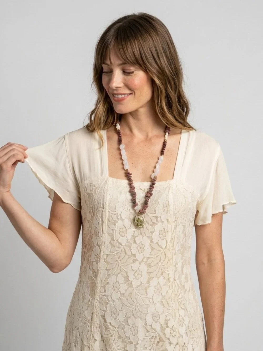 Lace Dress Ivory Cream Crepe Romantic Vintage Boho Wedding 90s Maxi Sundress